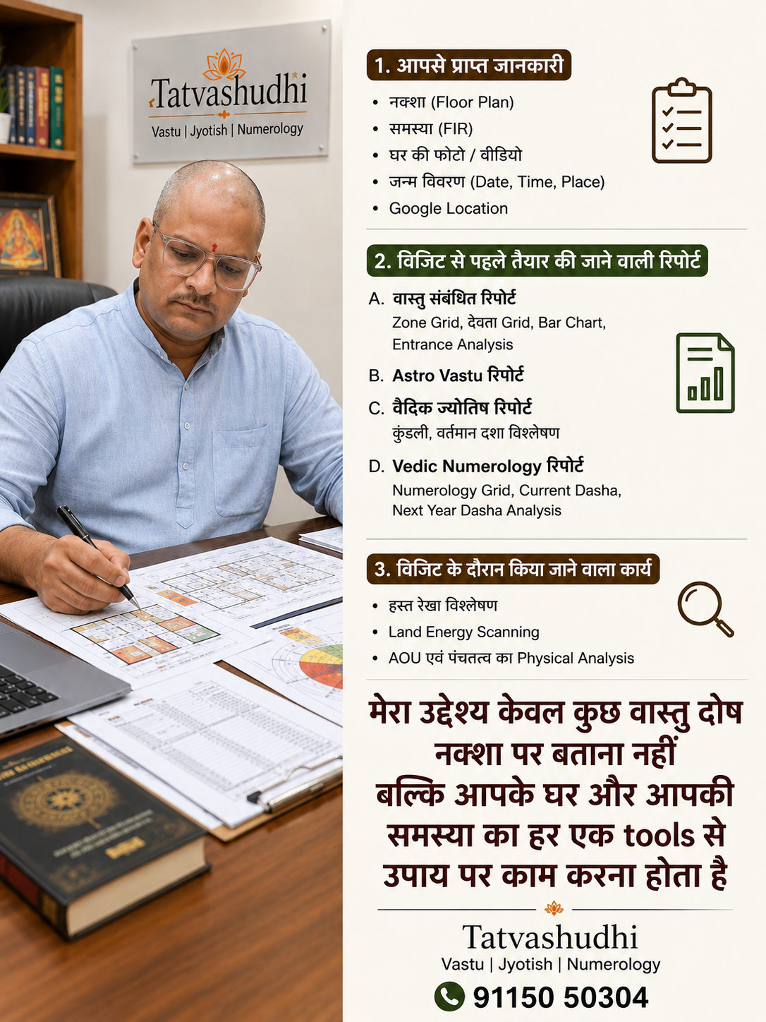 वास्तु परामर्श मे मेरा उद्देश्य केवल चंद वास्तुदोष बताना नहीं, बल्कि आपकी समस्या को अलग अलग Tools से verify करना और  अधिक सटीक, व्यावहारिक और तर्कसंगत समाधान देना है।